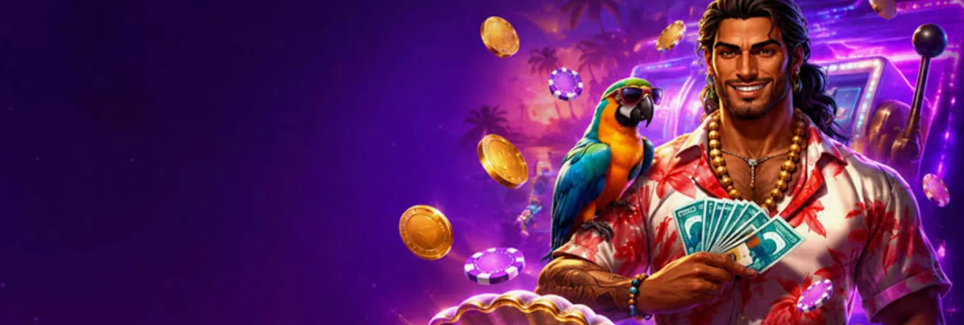 Smiling player in a Hawaiian shirt with a parrot, cash and gold coins — Fun Gamble